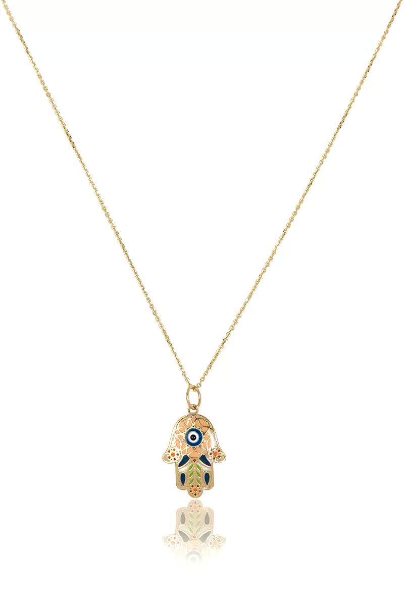 14k Gold Treville Hamsa Pendant Necklace in Pink