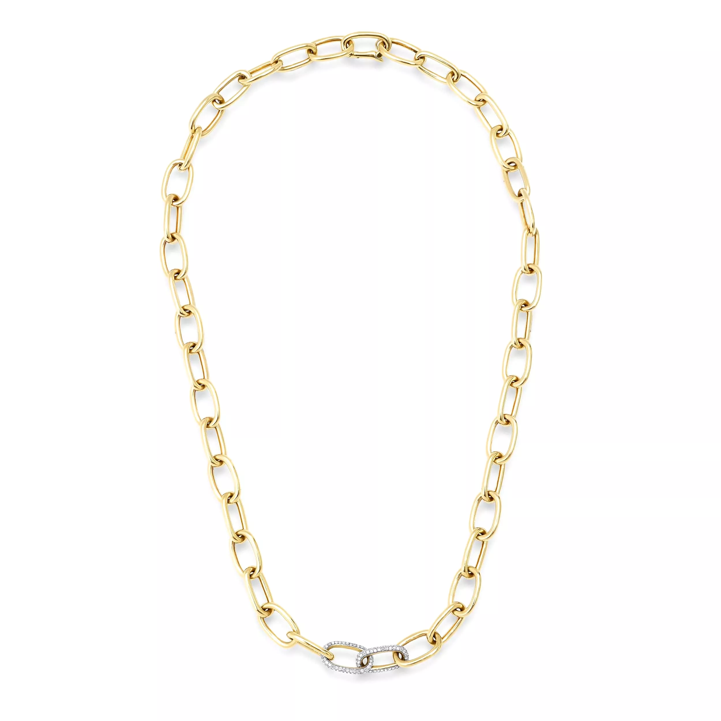 14K Gold Two Pave Links Paper Clip Chain Necklace