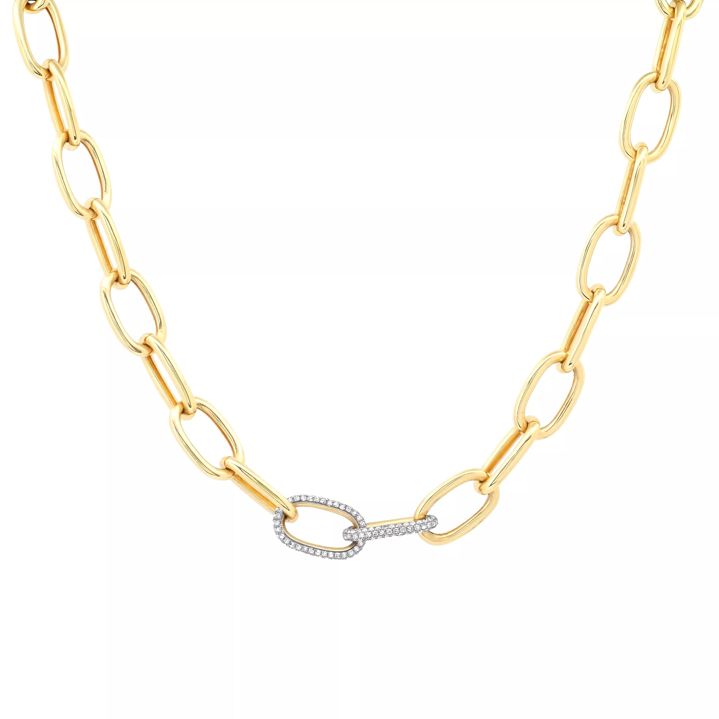 14K Gold Two Pave Links Paper Clip Chain Necklace