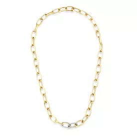 14K Gold Two Pave Links Paper Clip Chain Necklace