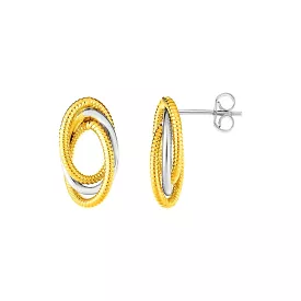 14k Two Tone Gold Post Earrings with Three Interlocking Ovals