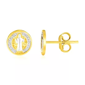 14k Two Tone Gold Round Religious Medallion Post Earrings