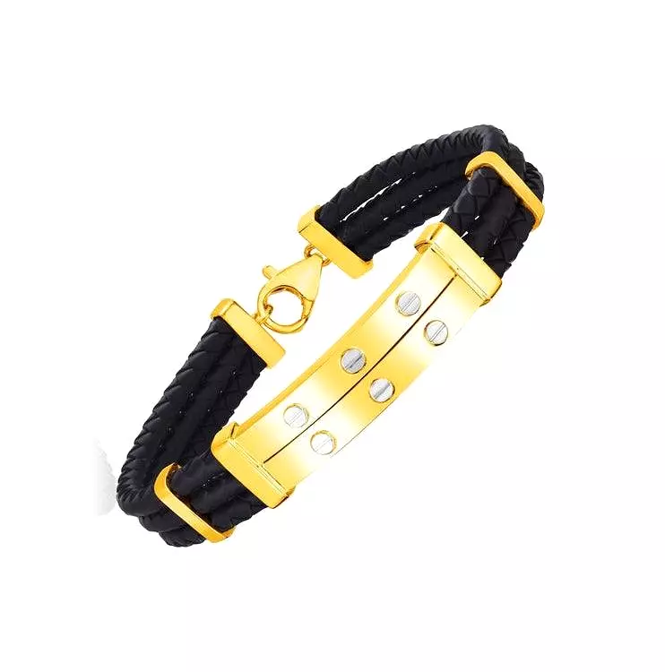 14k Yellow Gold and Rubber Mens Bracelet with Two Riveted Bars