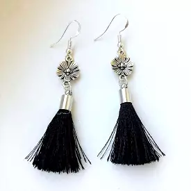 Antique Silver Flower with Black Tassel Dangle Earrings