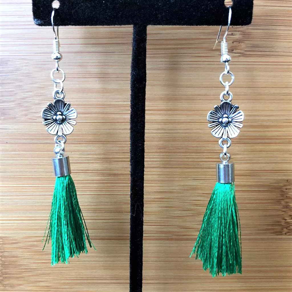 Antique Silver Flower with Green Tassel Dangle Earrings