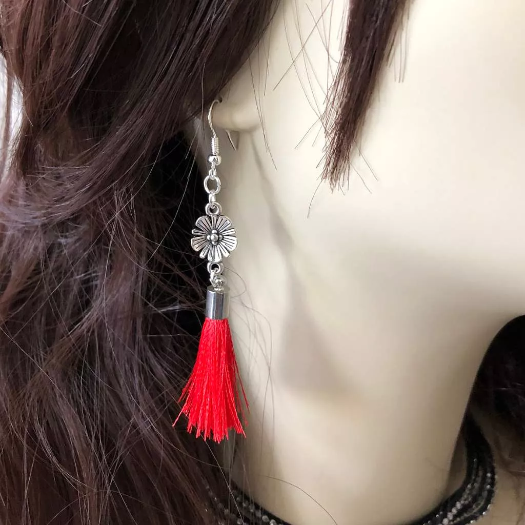 Antique Silver Flower with Red Tassel Dangle Earrings