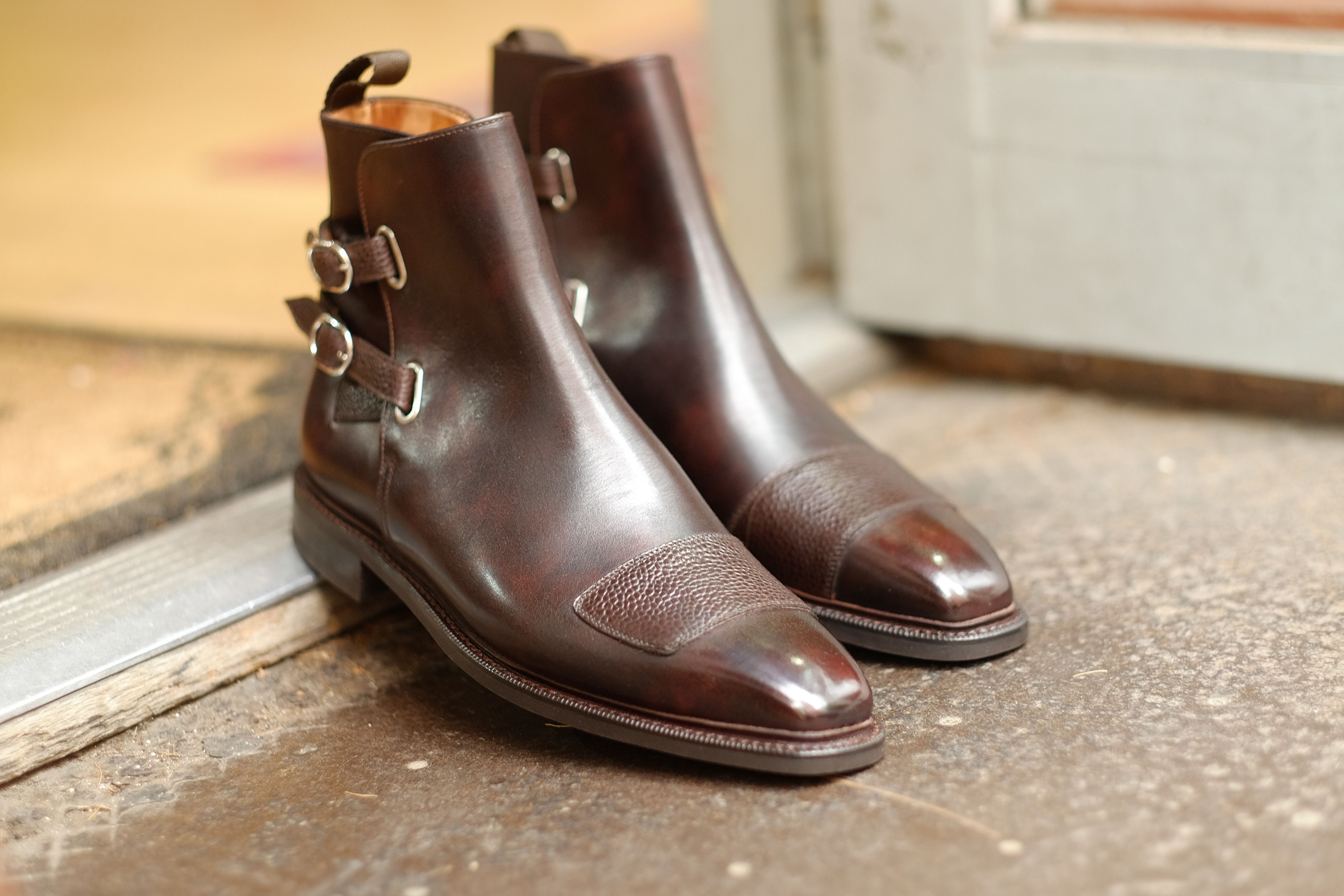 Barbosa - MTO - Dark Brown Museum Calf / Mid Brown Scotch Grain - MGF Last - Studded Rubber Sole - Storm Welt