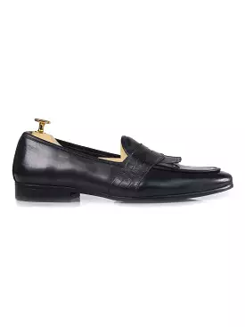 Belgian Loafer - Black Grey Phyton Penny Strap with Studded Fringe (Hand Painted Patina)