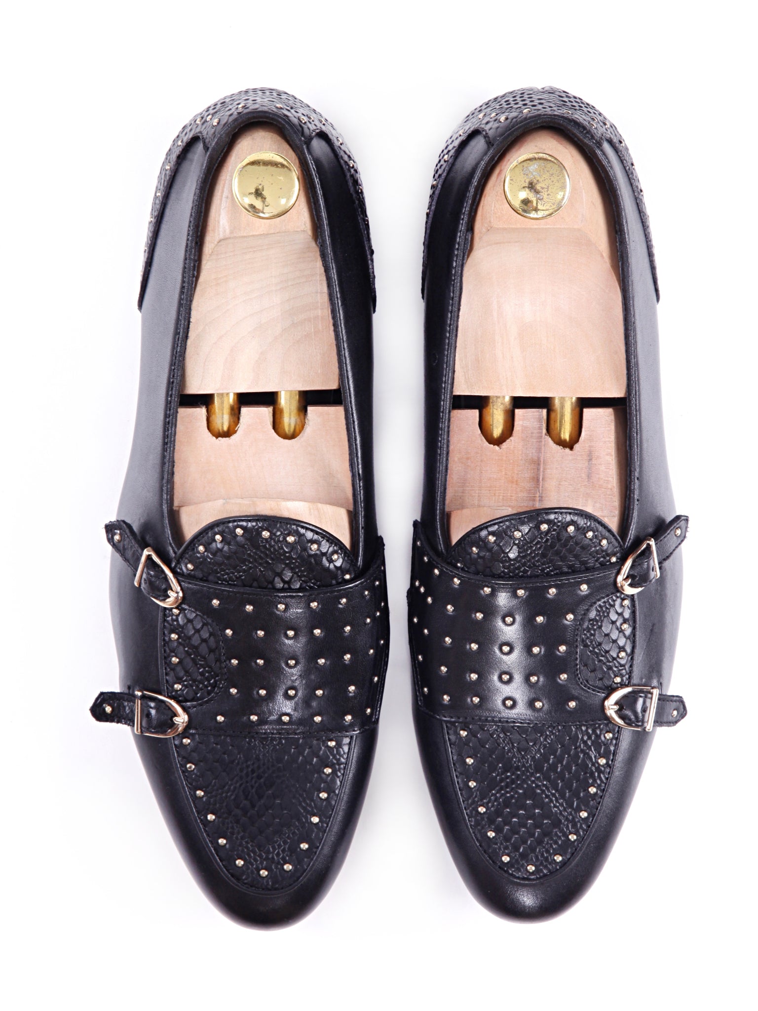 Belgian Loafer - Black Snake Skin Double Monk Strap with Studded