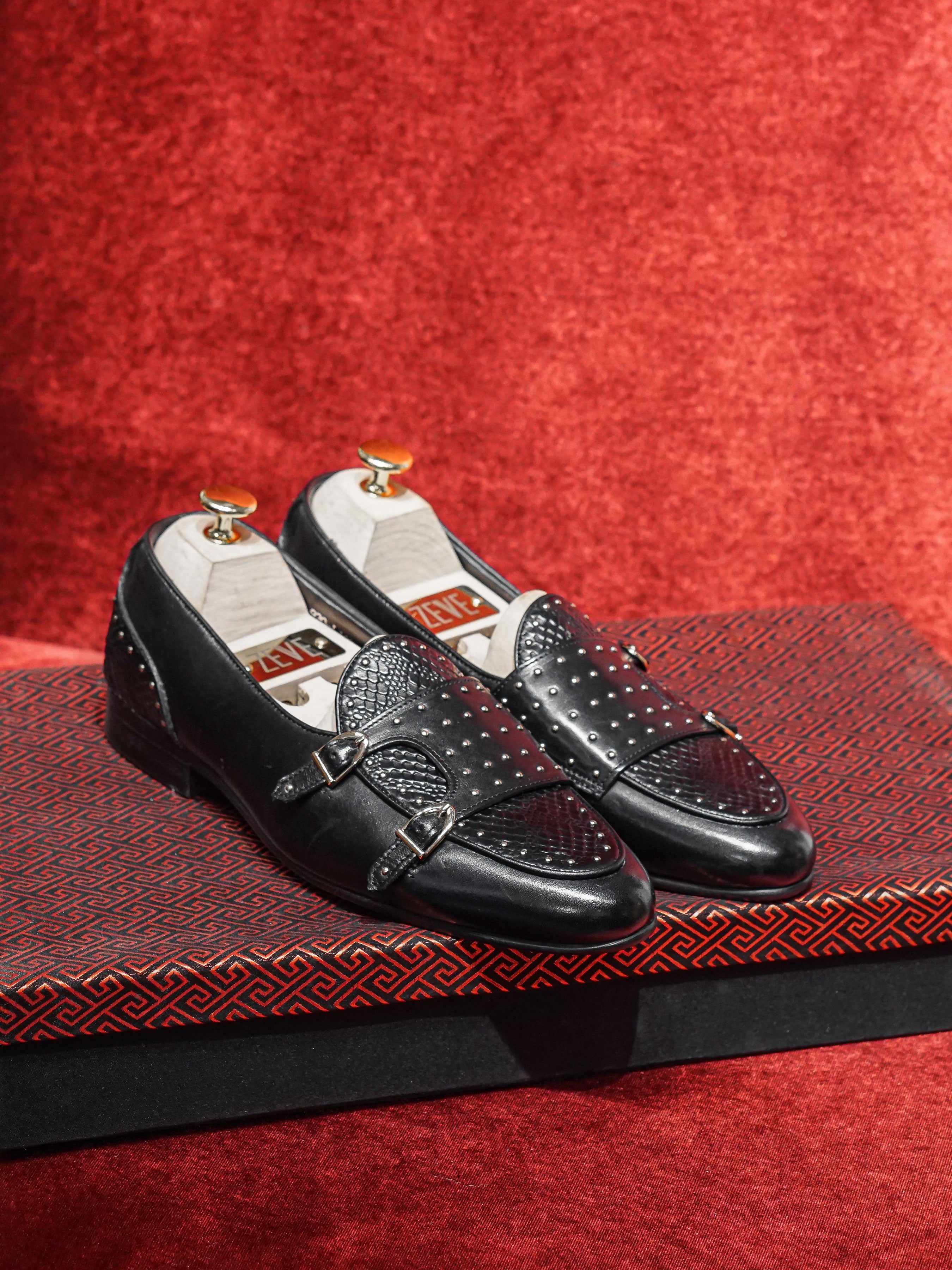 Belgian Loafer - Black Snake Skin Double Monk Strap with Studded