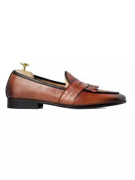 Belgian Loafer - Cognac Tan Phyton Penny Strap with Studded Fringe (Hand Painted Patina)