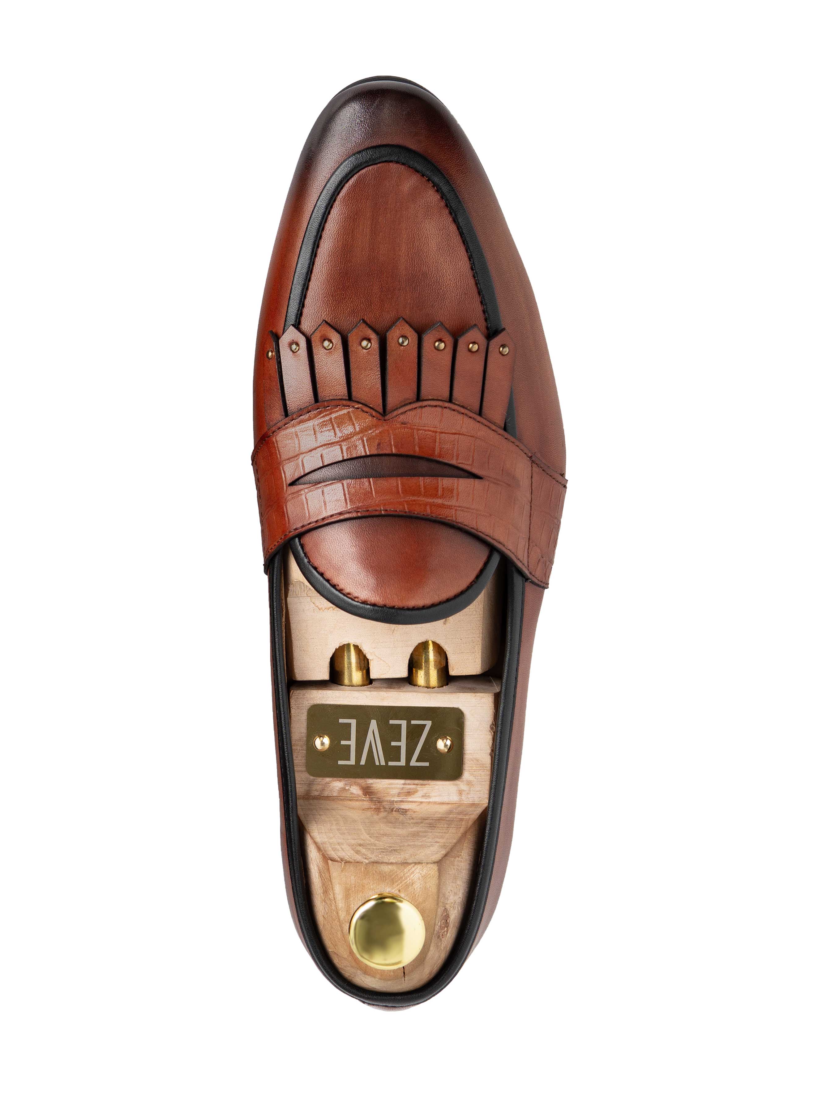 Belgian Loafer - Cognac Tan Phyton Penny Strap with Studded Fringe (Hand Painted Patina)