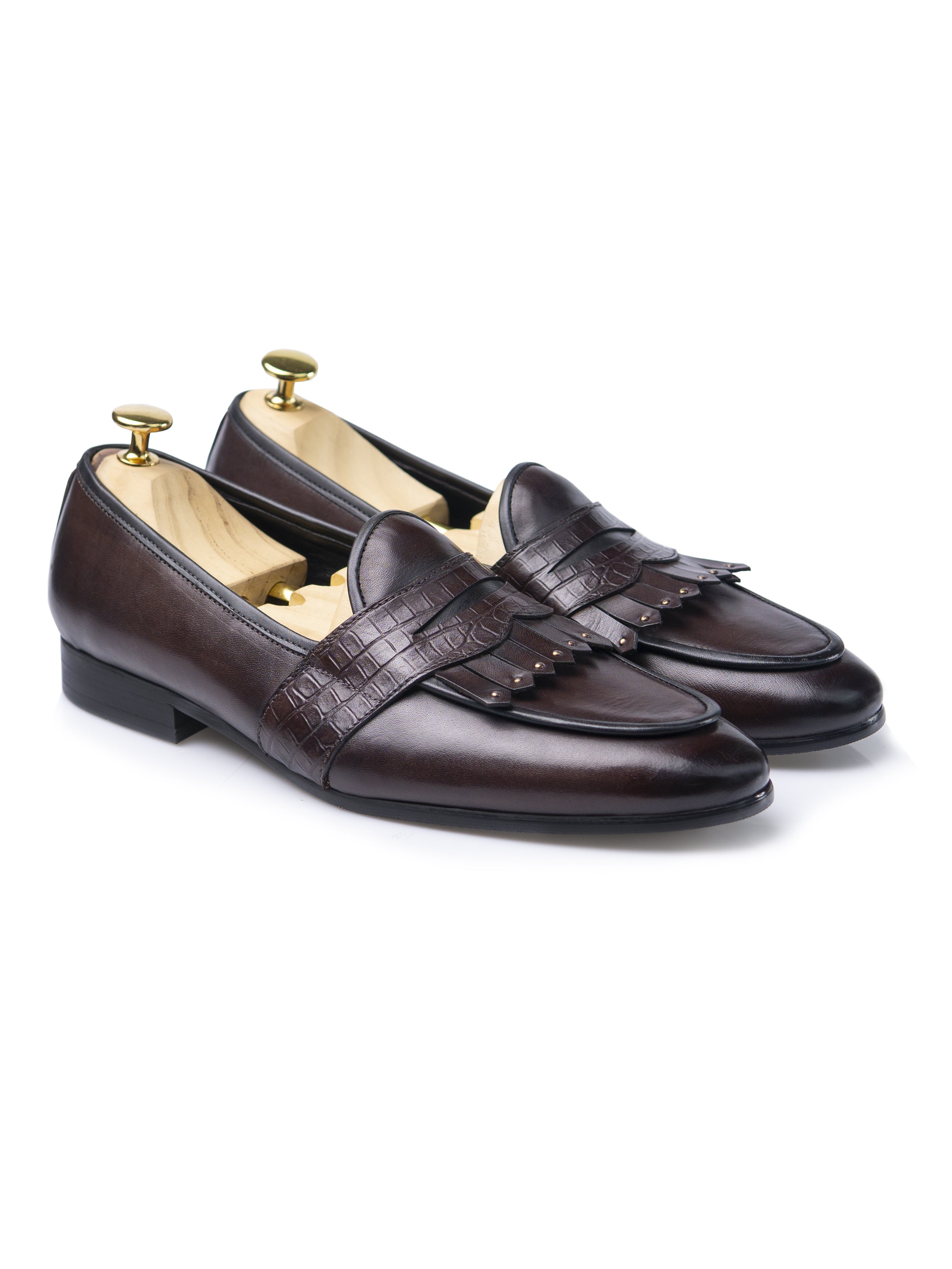 Belgian Loafer - Dark Brown Phyton Penny Strap with Studded Fringe (Hand Painted Patina)