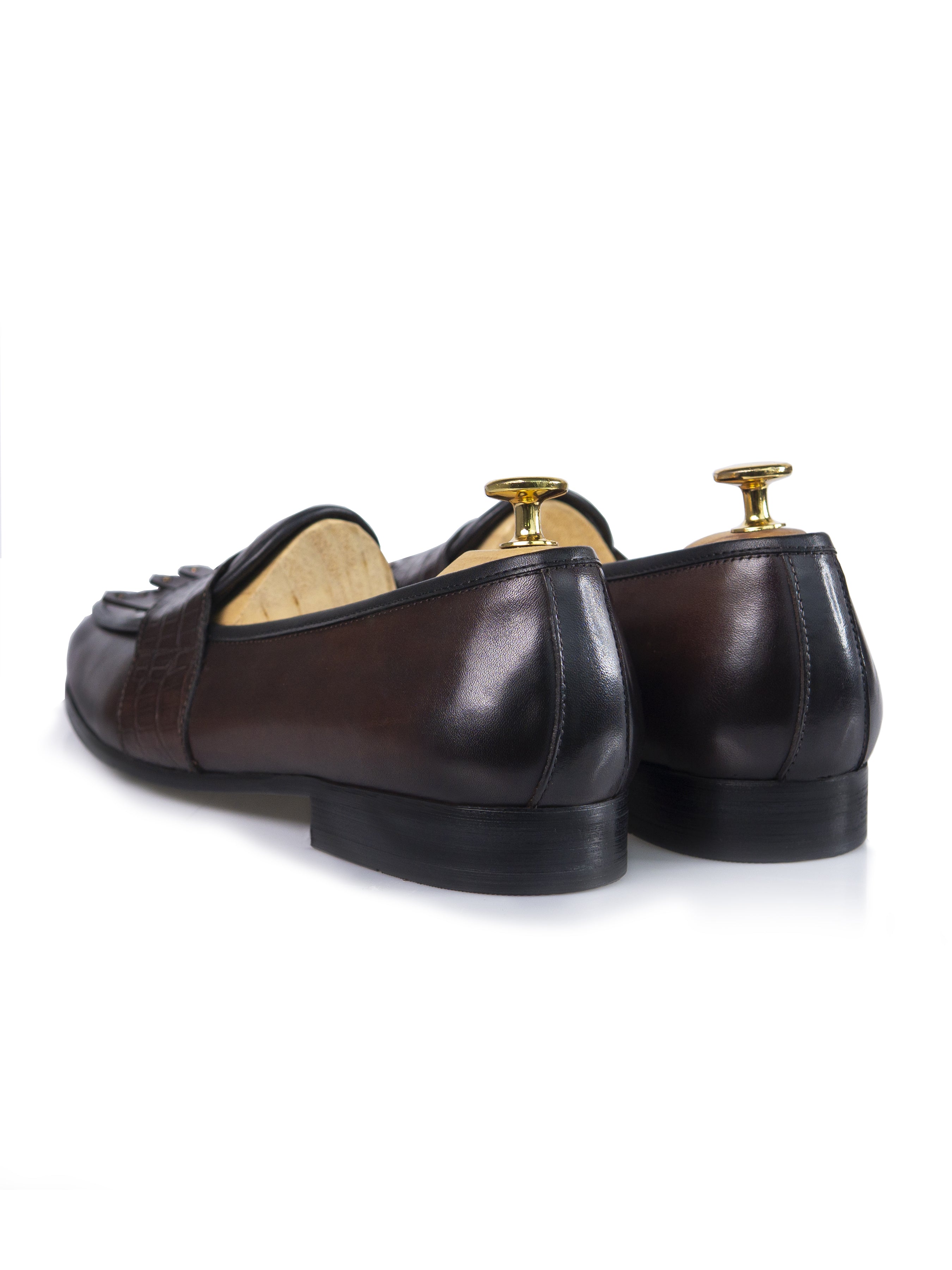 Belgian Loafer - Dark Brown Phyton Penny Strap with Studded Fringe (Hand Painted Patina)