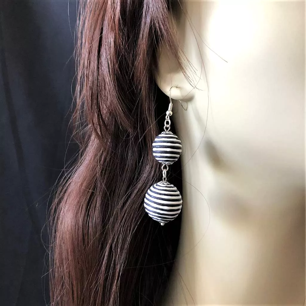 Black and White Striped Thread Ball Long Drop Earrings