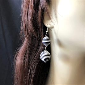 Black and White Striped Thread Ball Long Drop Earrings