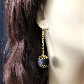 Black Ball Long Gold Dangle Earrings