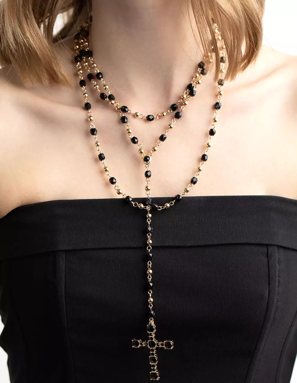 Black Beaded Cross Necklace