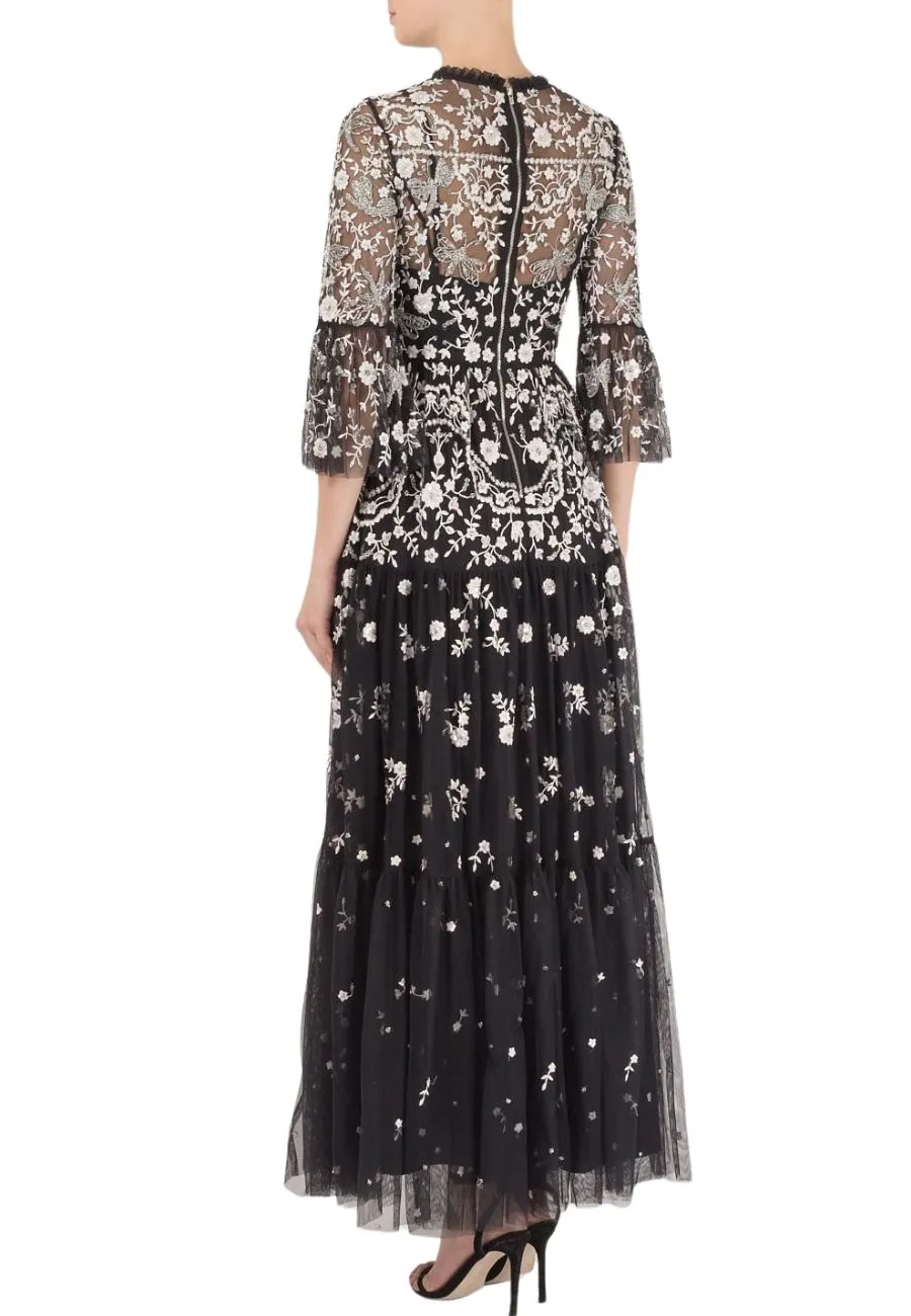 Black Dragonfly Garden 3/4 Sleeves Embellished Tulle Gown