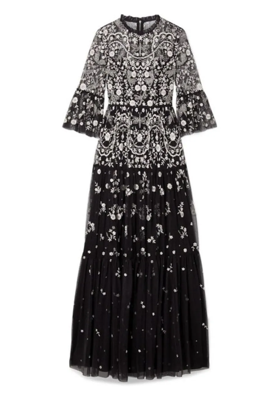 Black Dragonfly Garden 3/4 Sleeves Embellished Tulle Gown