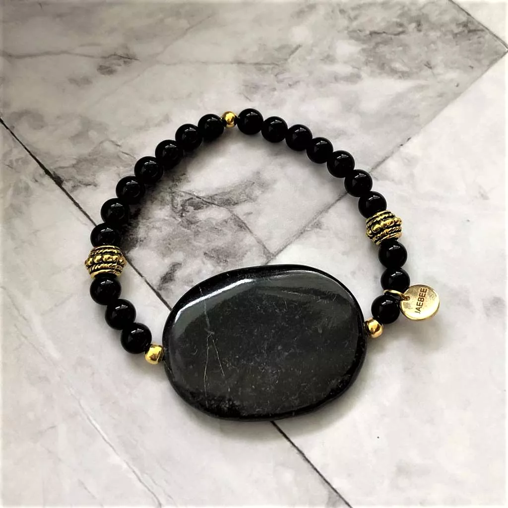 Black Marble Stone with Black Onyx and Gold Beaded Bracelet