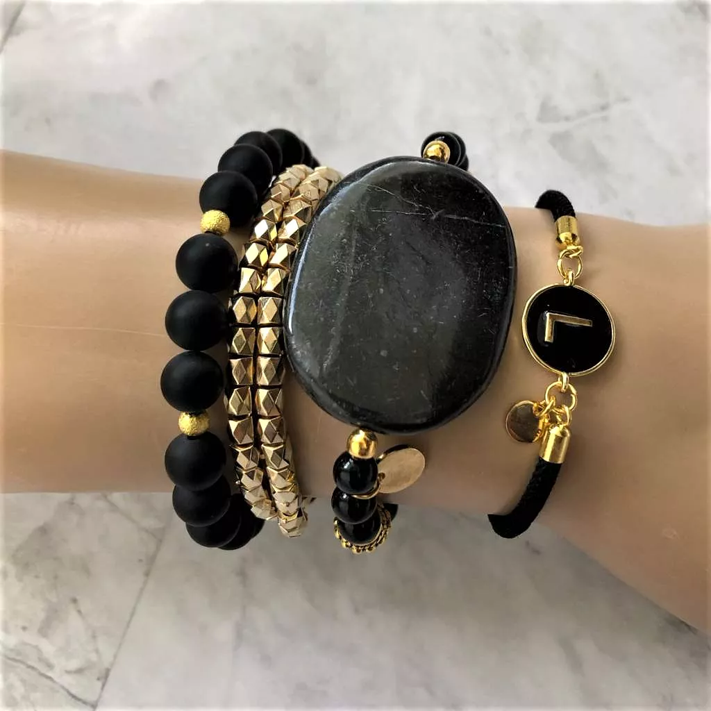 Black Marble Stone with Black Onyx and Gold Beaded Bracelet