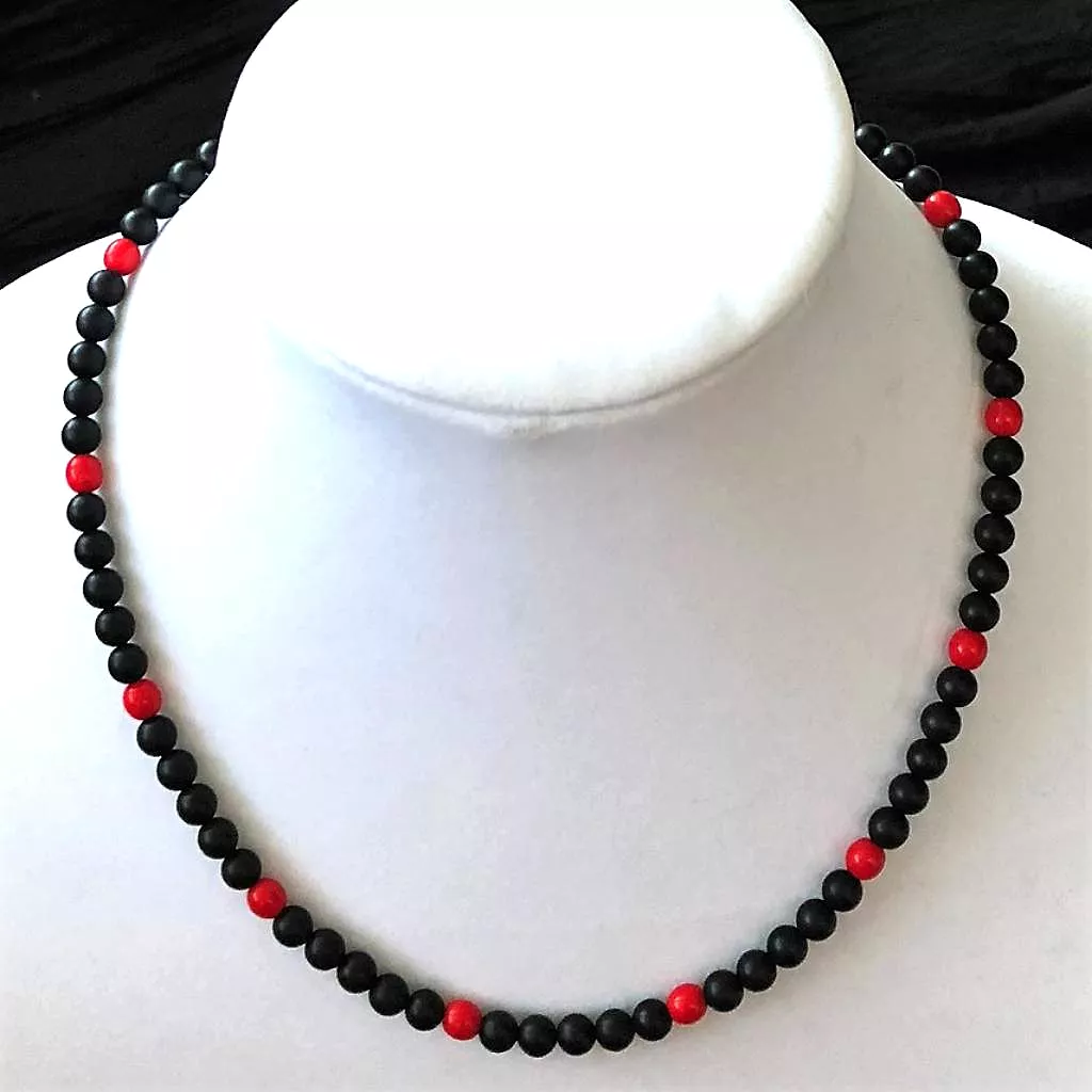 Black Matte Onyx and Red Beaded Mens Necklace