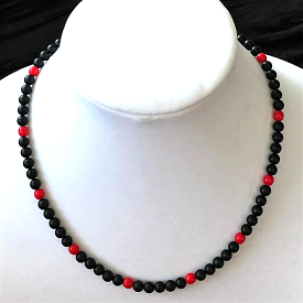 Black Matte Onyx and Red Beaded Mens Necklace