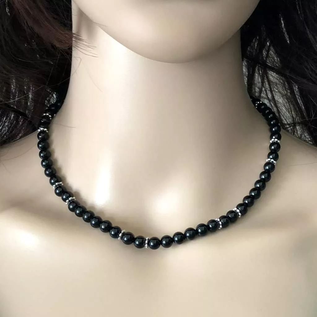 Black Onyx 6mm Beaded Necklace With Silver Daisy Spacers