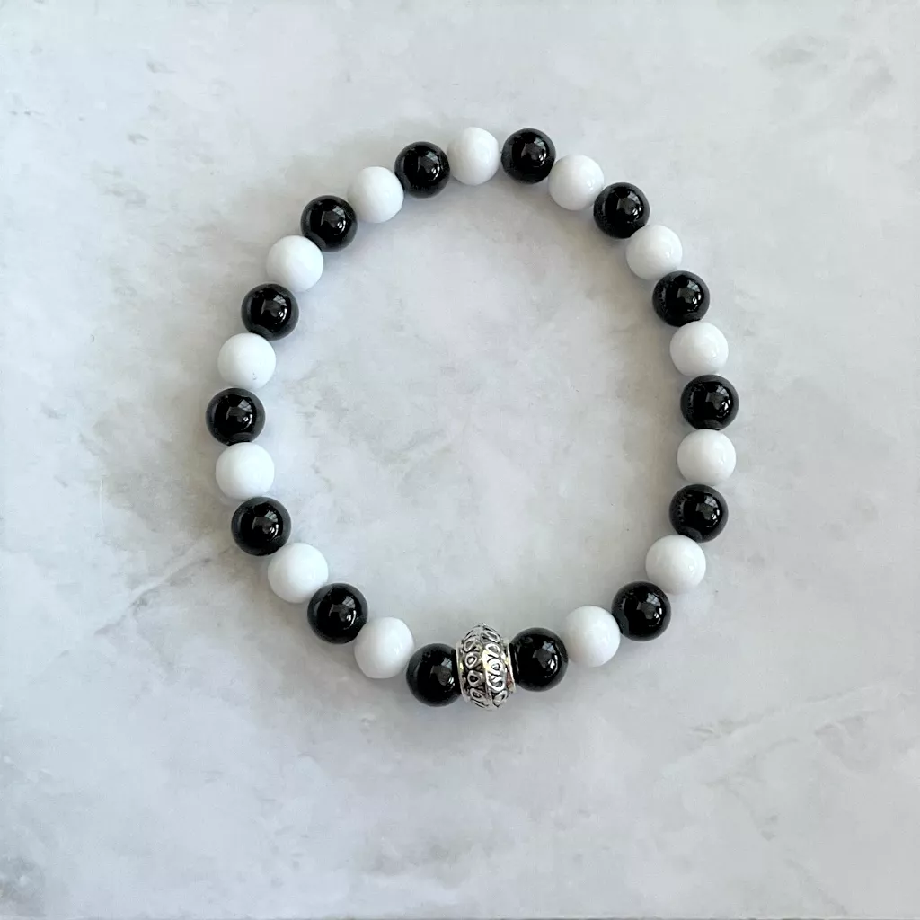 Black Onyx and White Czech Beaded Bracelet With Silver Accent Bead