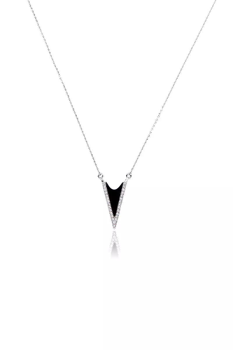 Black Onyx Diamond V Necklace in White Gold