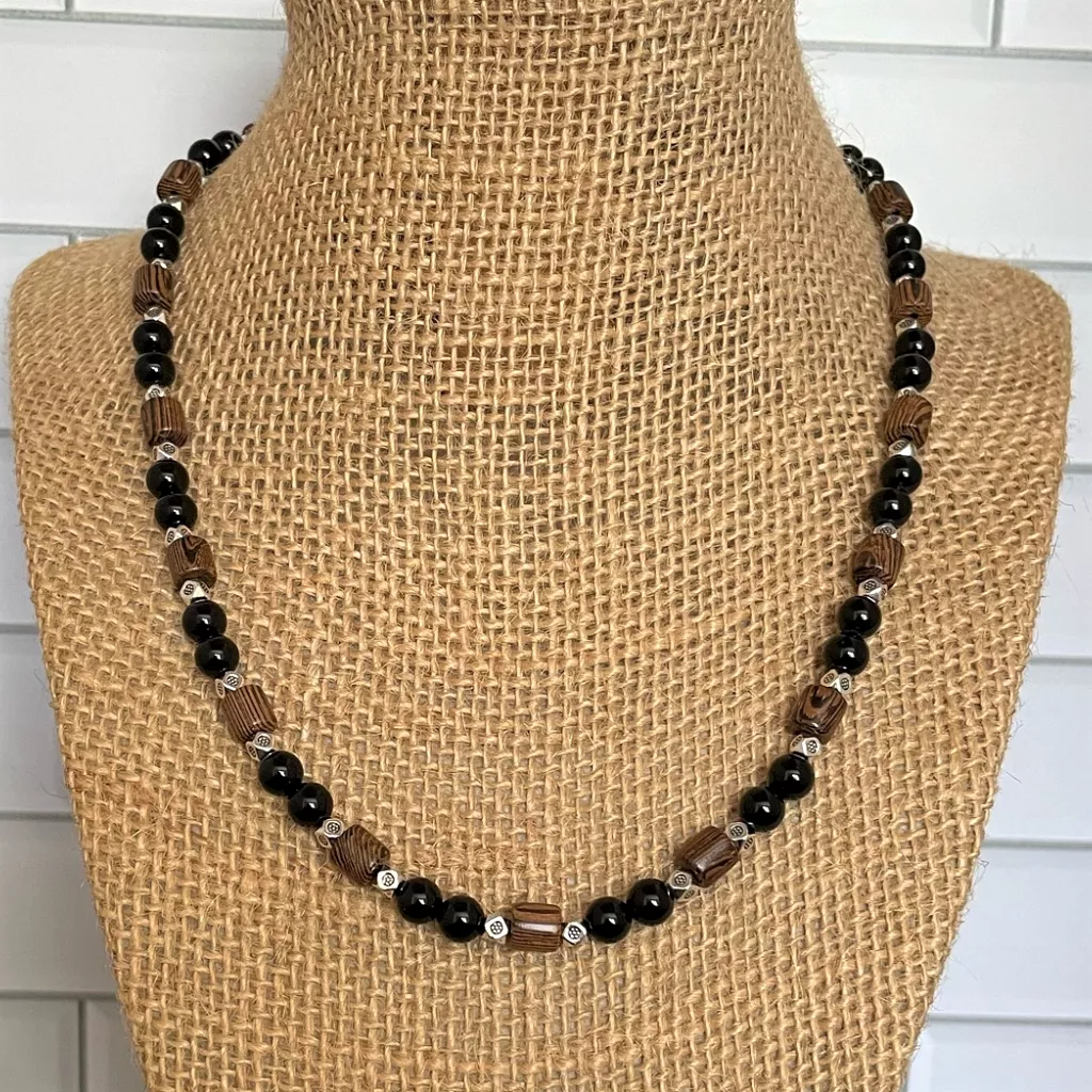 Black Onyx, Wood, and Silver Mens Beaded Necklace