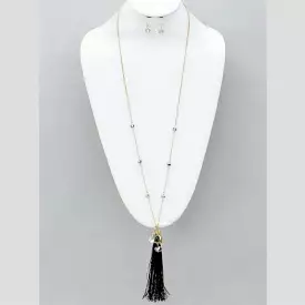 Black Tassel and Crystal Gold Chain Long Necklace