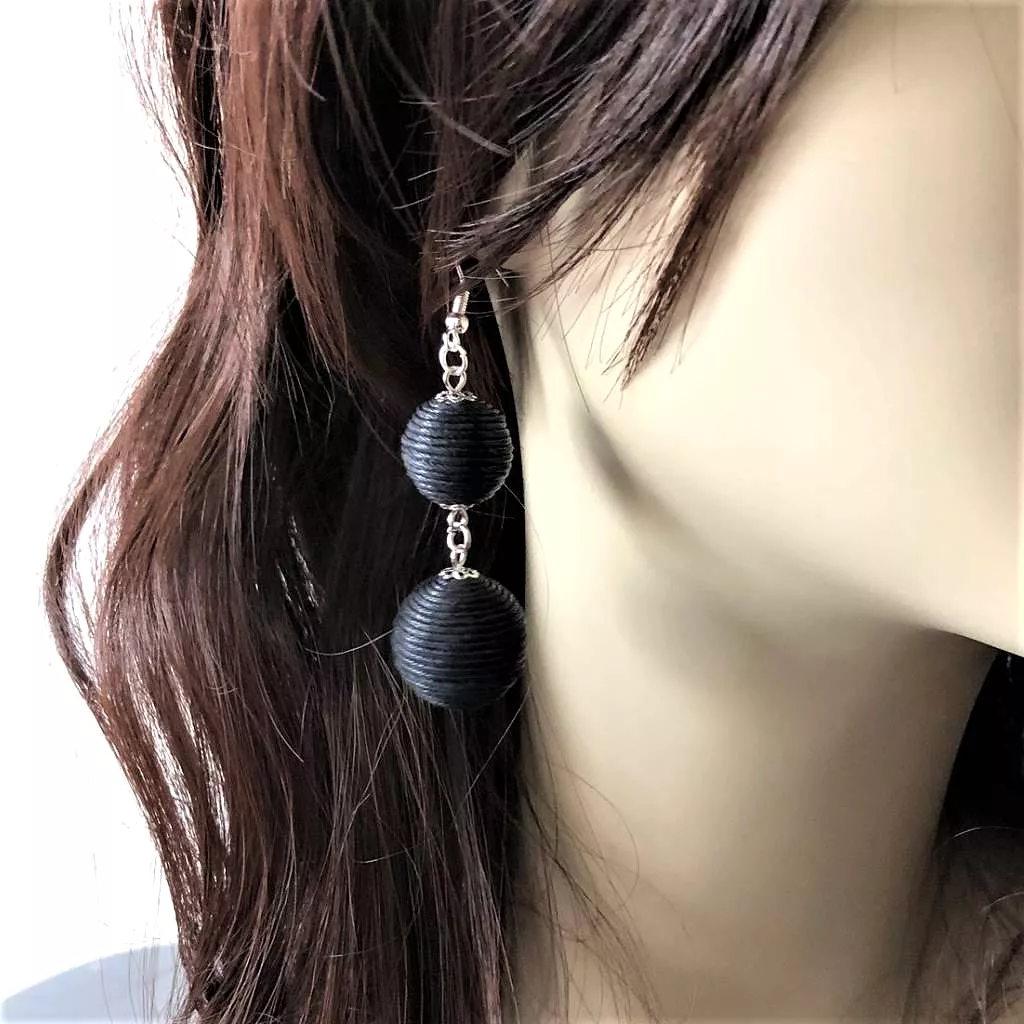 Black Thread Ball Dangle Earrings