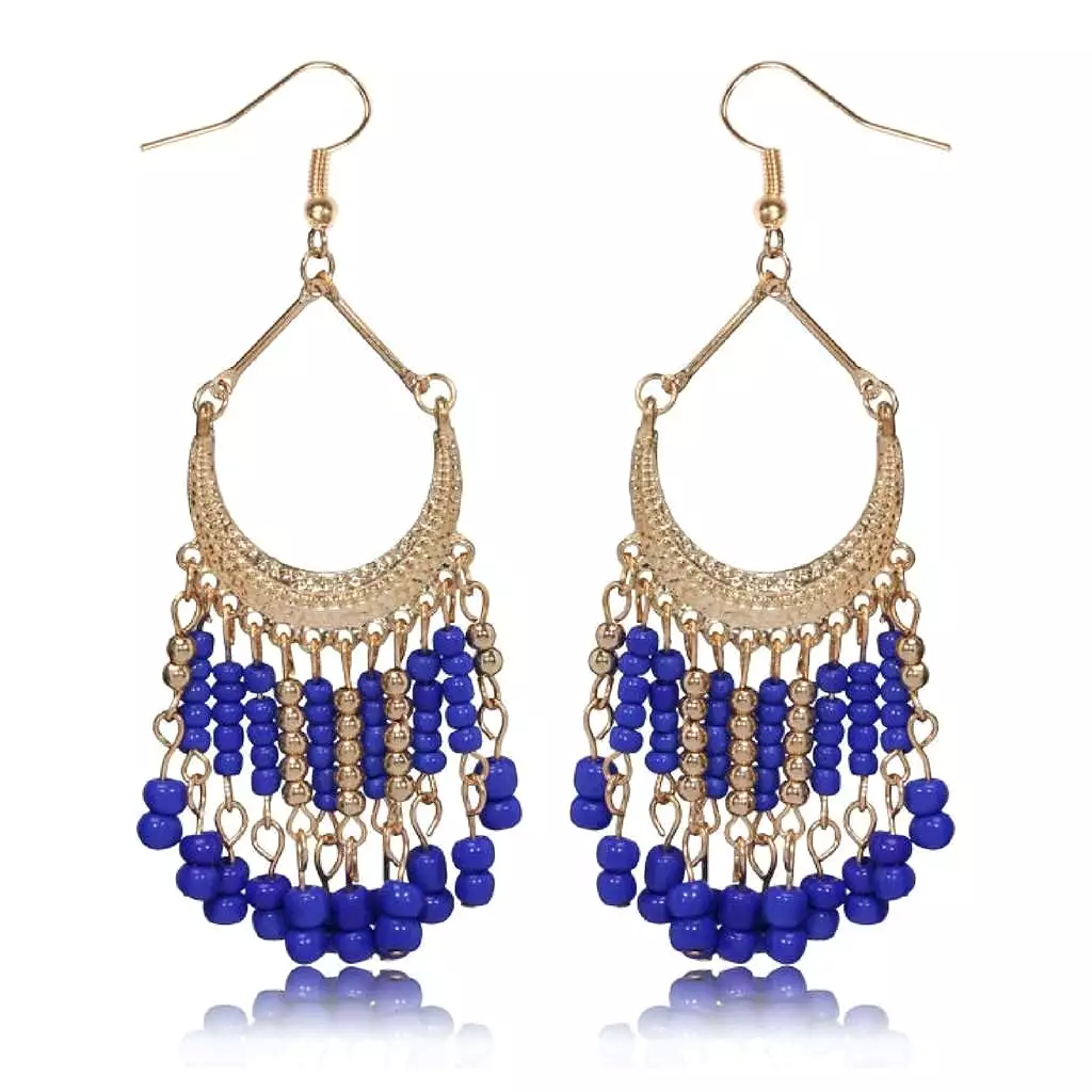 Blue and Gold Seed Bead Chandelier Earrings