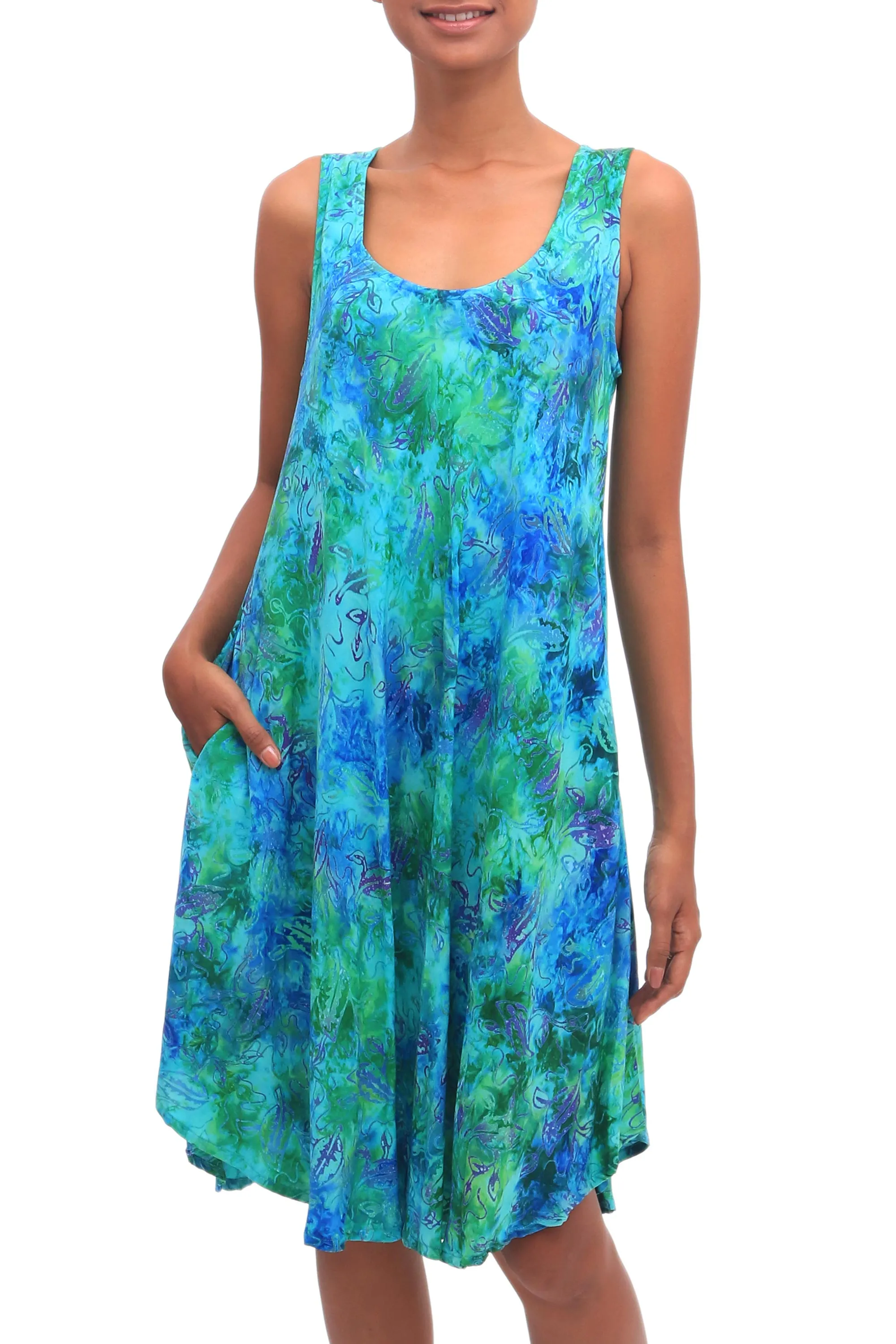 Blue and Green Tie-Dyed Batik Leaves Sleeveless Rayon Dress, 