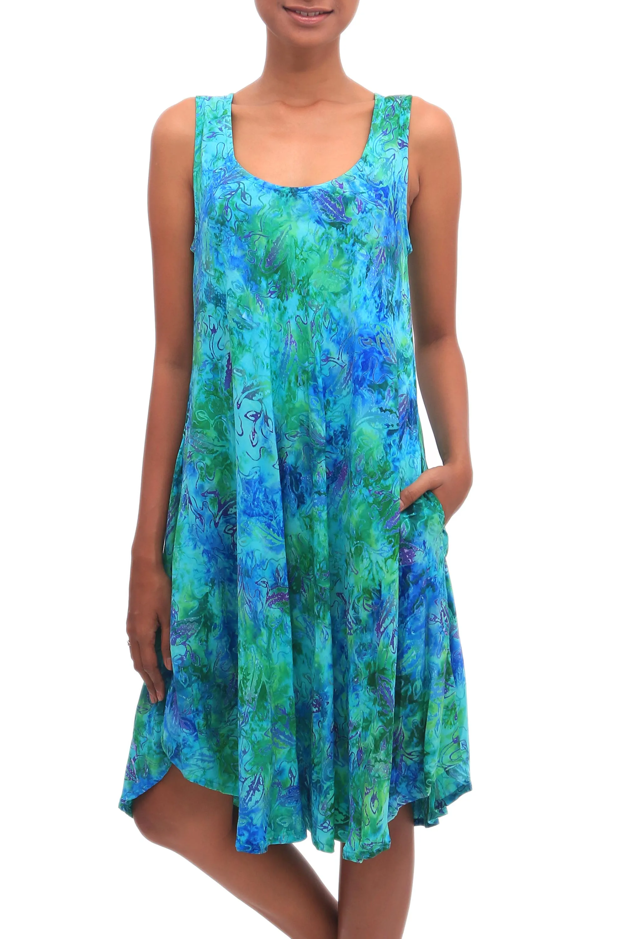 Blue and Green Tie-Dyed Batik Leaves Sleeveless Rayon Dress, 