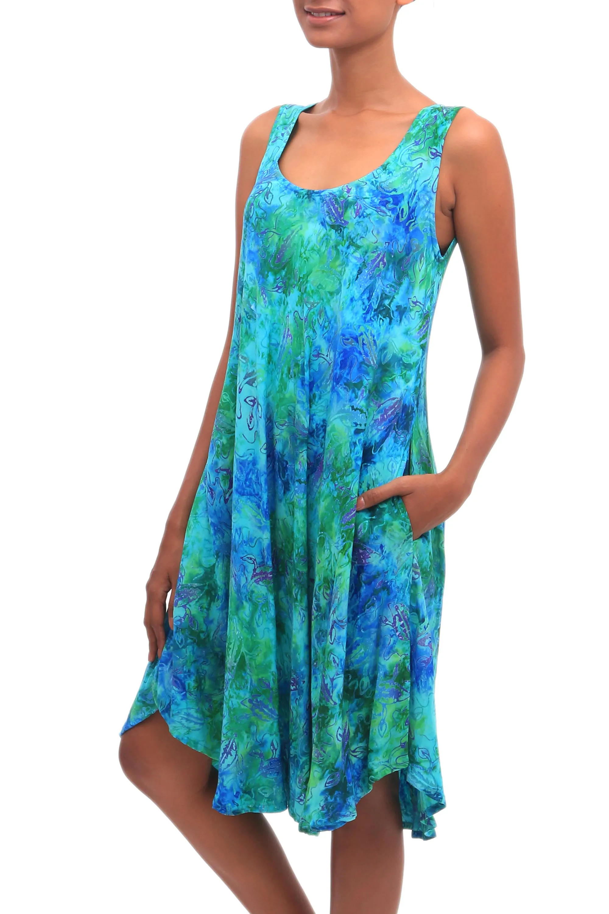 Blue and Green Tie-Dyed Batik Leaves Sleeveless Rayon Dress, 