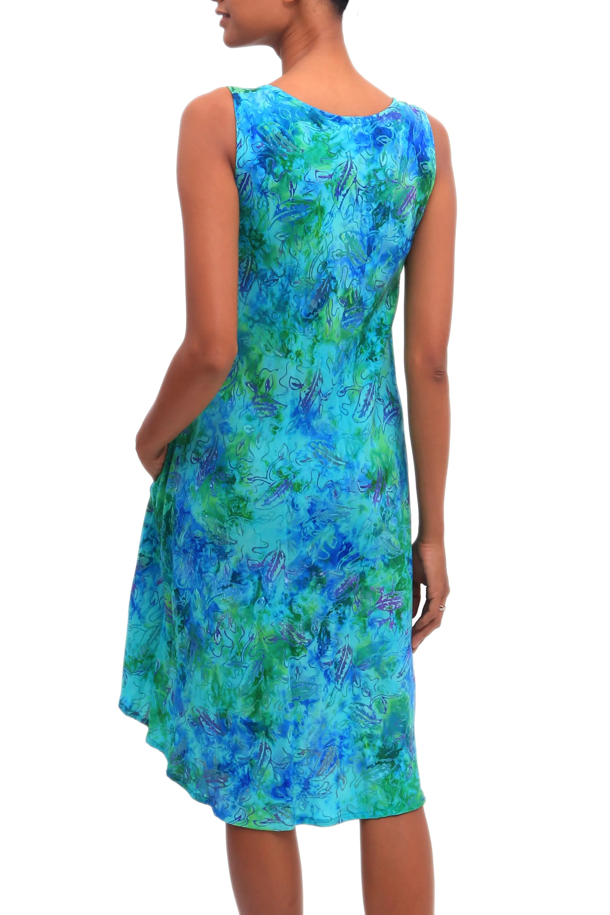 Blue and Green Tie-Dyed Batik Leaves Sleeveless Rayon Dress, 