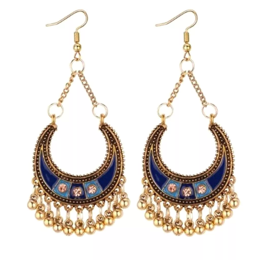 Blue Enamel and Gold Half Moon Boho Earrings