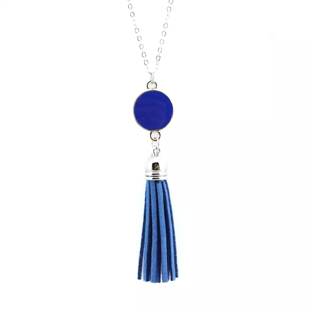 Blue Enameled Disc and Tassel Long Necklace