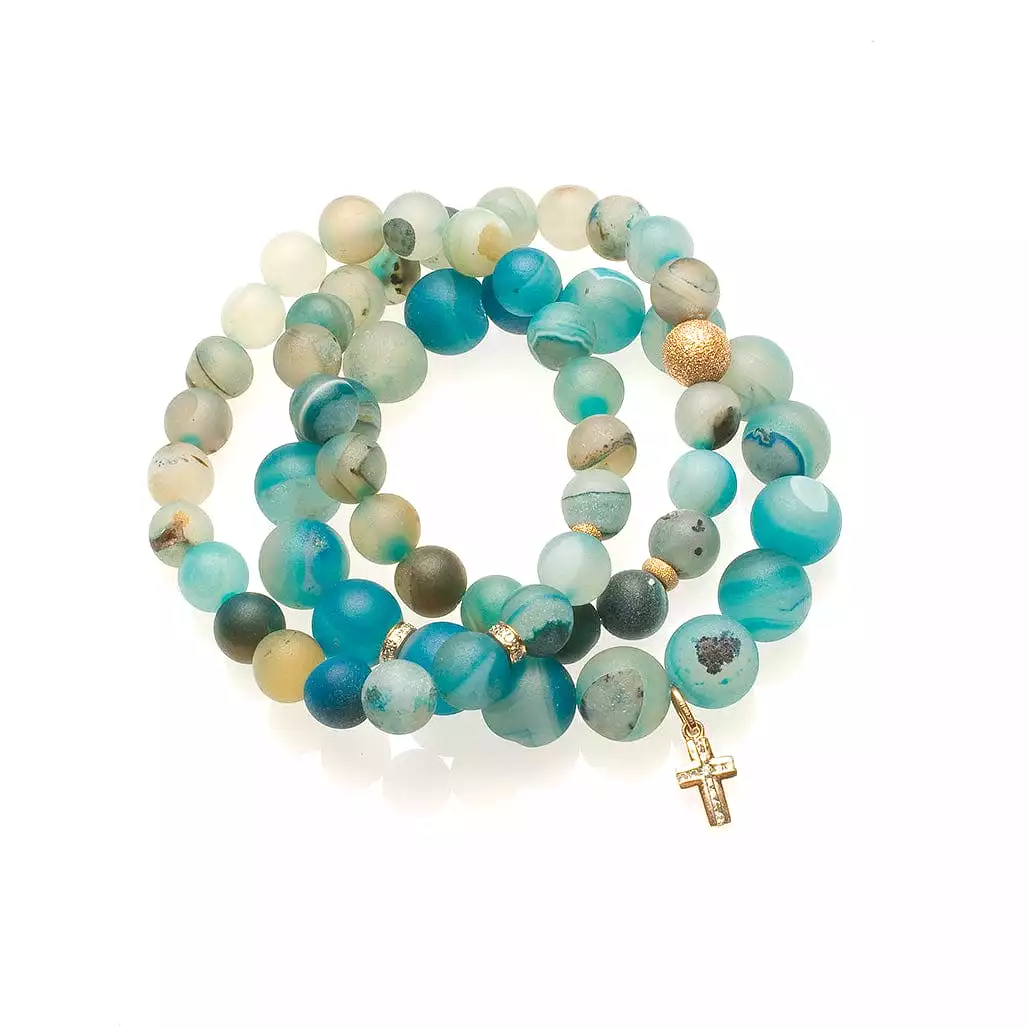 Blue Multicolor Beaded Bracelet with Diamonds, 14K Gold and Channel Cross Charm