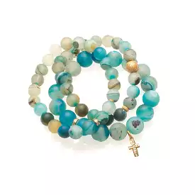 Blue Multicolor Beaded Bracelet with Diamonds, 14K Gold and Channel Cross Charm