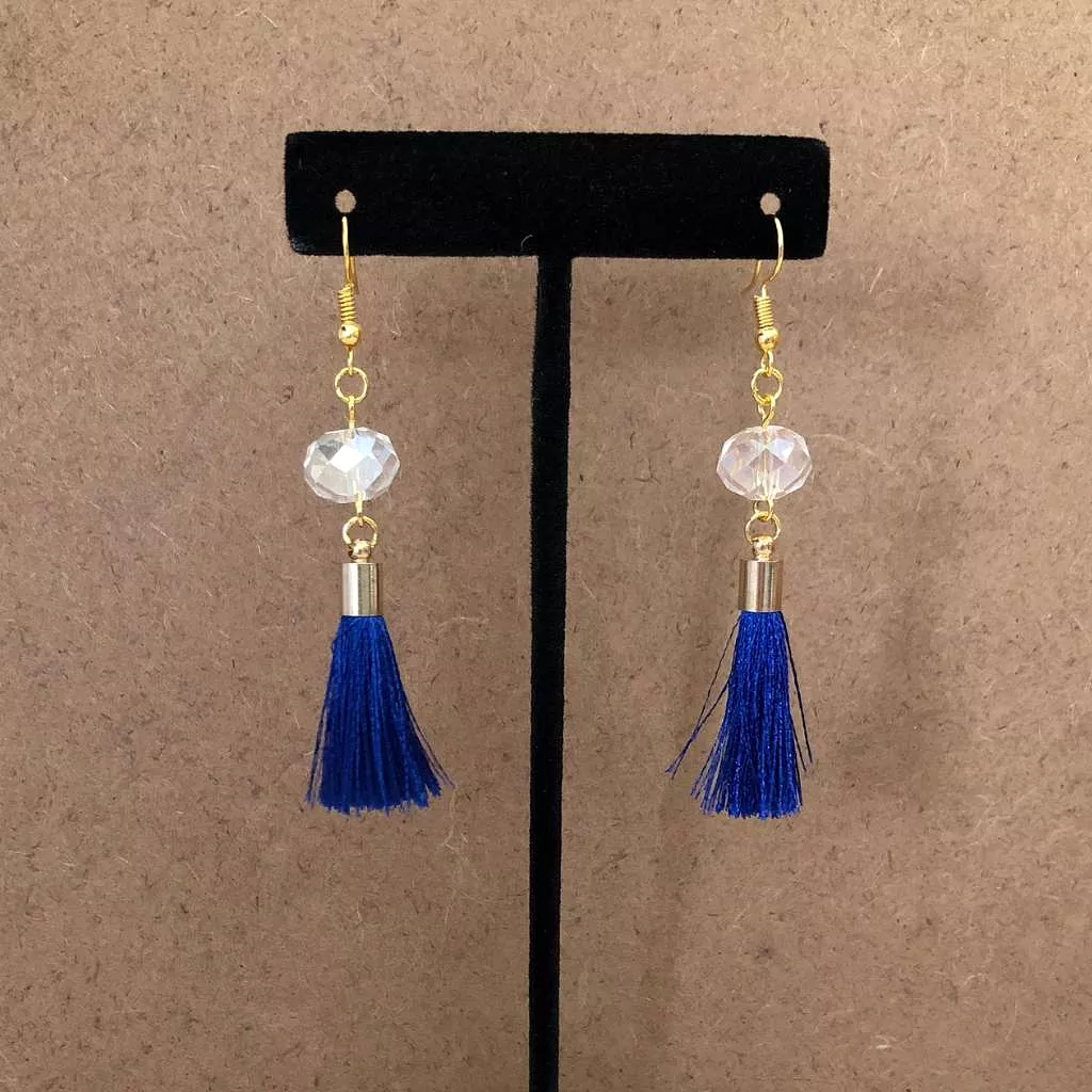 Blue Tassel and Clear Crystal Dangle Earrings