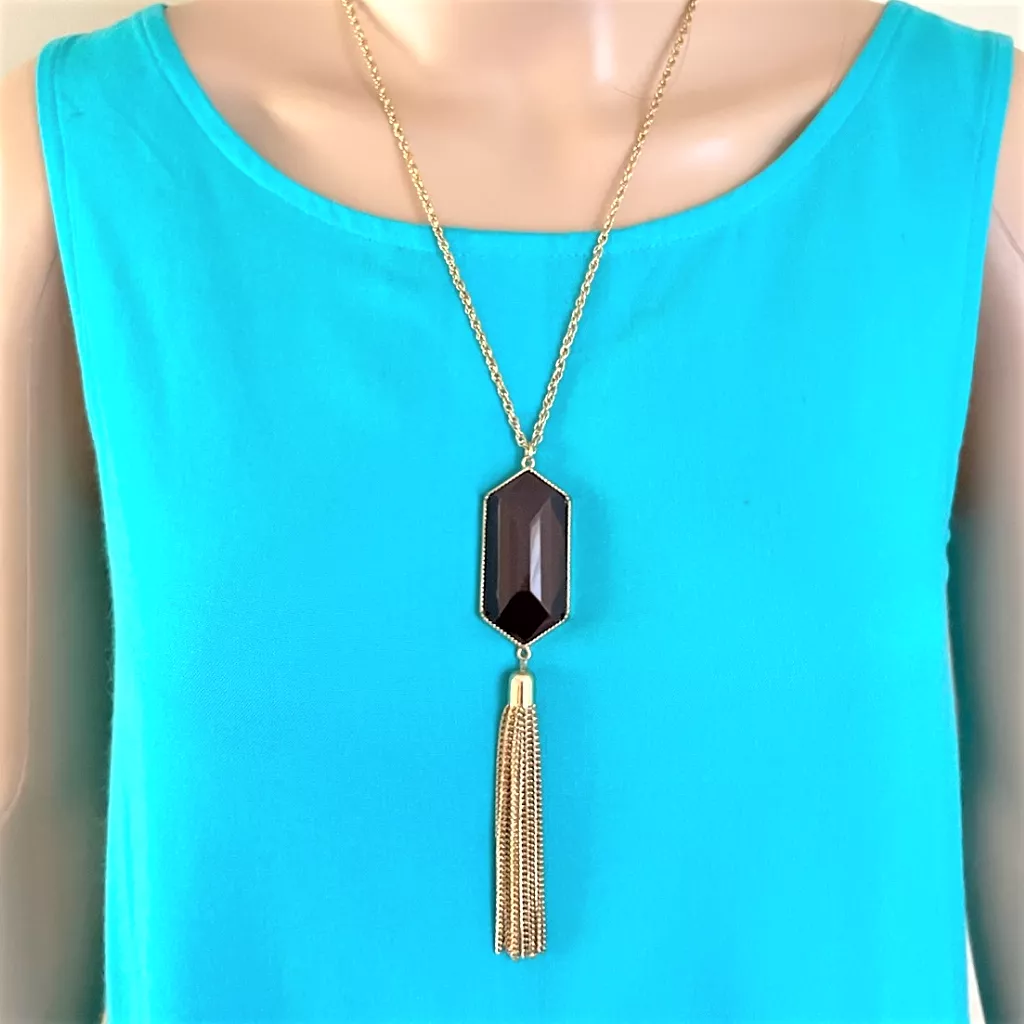 Brown Resin Stone and Gold Tassel Long Necklace