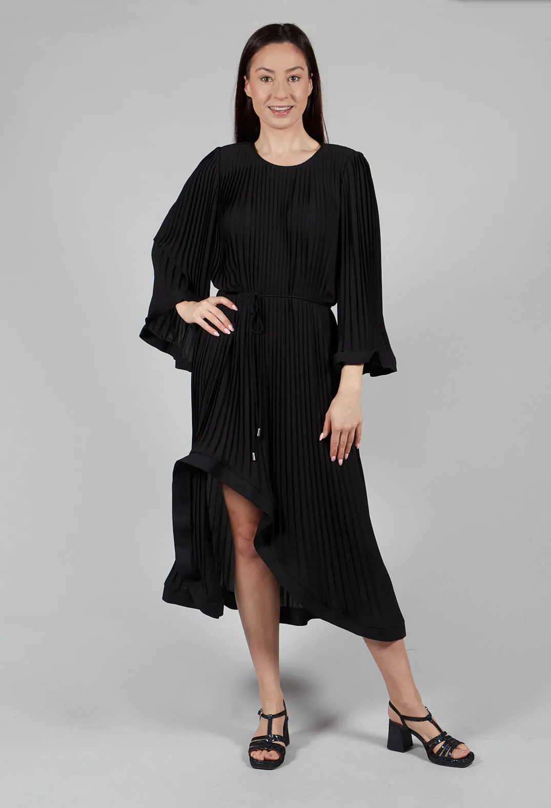 Butterfly Sleeved Pleated Dress in Black