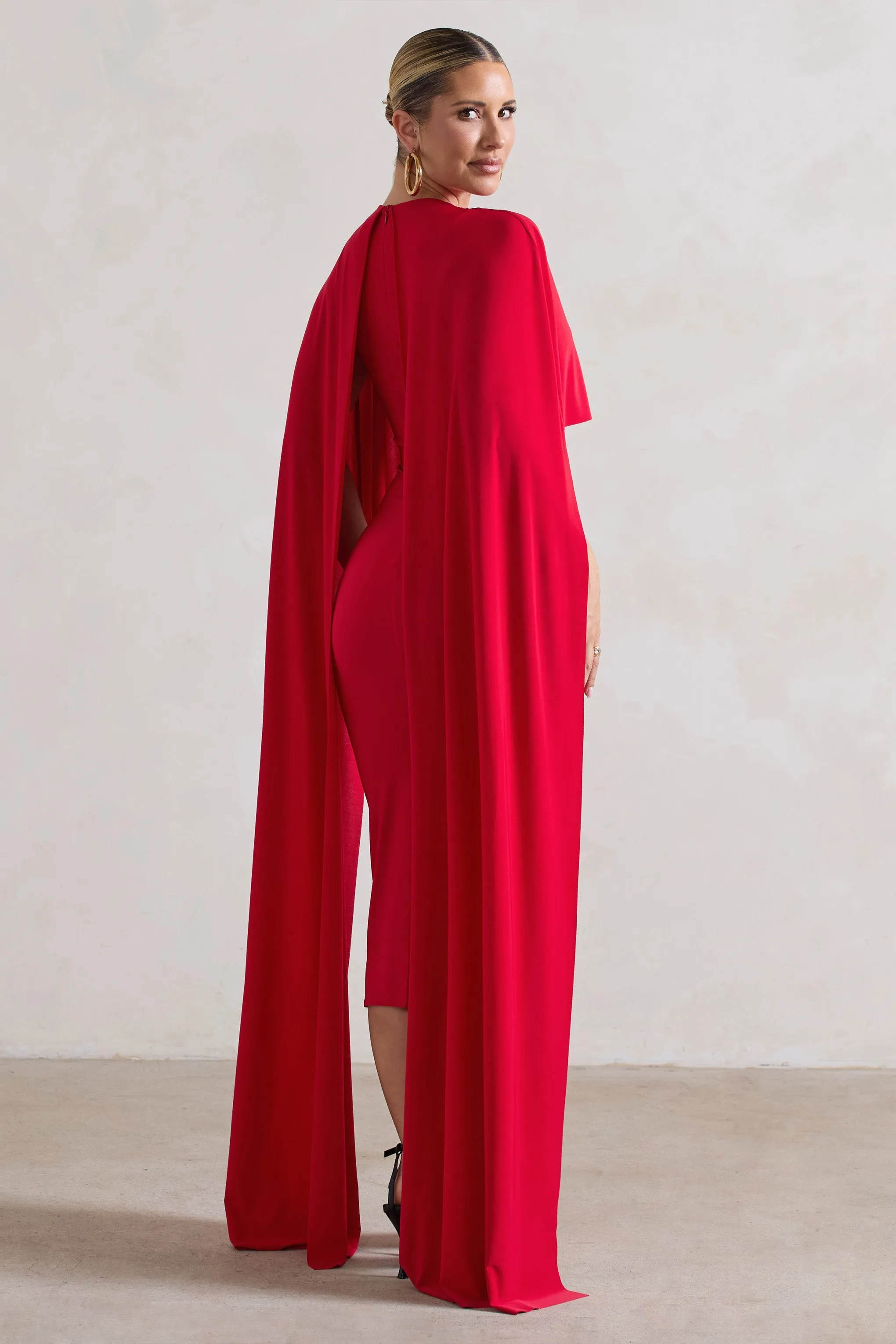 Camellia | Red Midi Dress With High-Low Cape