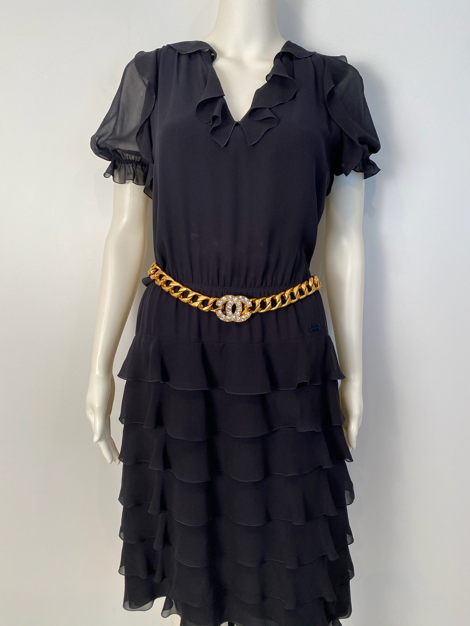 Chanel 01P 2001 Spring Navy Blue Silk Chiffon Ruffle short sleeve dress FR 38 US 4