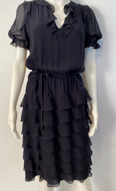 Chanel 01P 2001 Spring Navy Blue Silk Chiffon Ruffle short sleeve dress FR 38 US 4