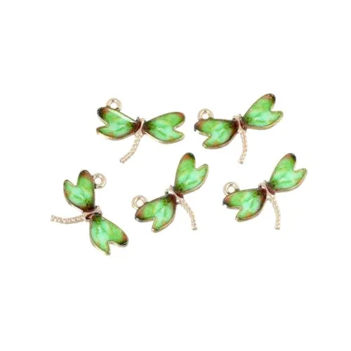 Charms, Dragonfly, Single-Sided, Golden, Green, Enameled, Alloy, 22mm